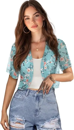 Womens Short Sleeve Cardigans Lightweight Summer Cardigan Trendy Bolero Shrug Cute Floral Cardigan Sheer Bolero