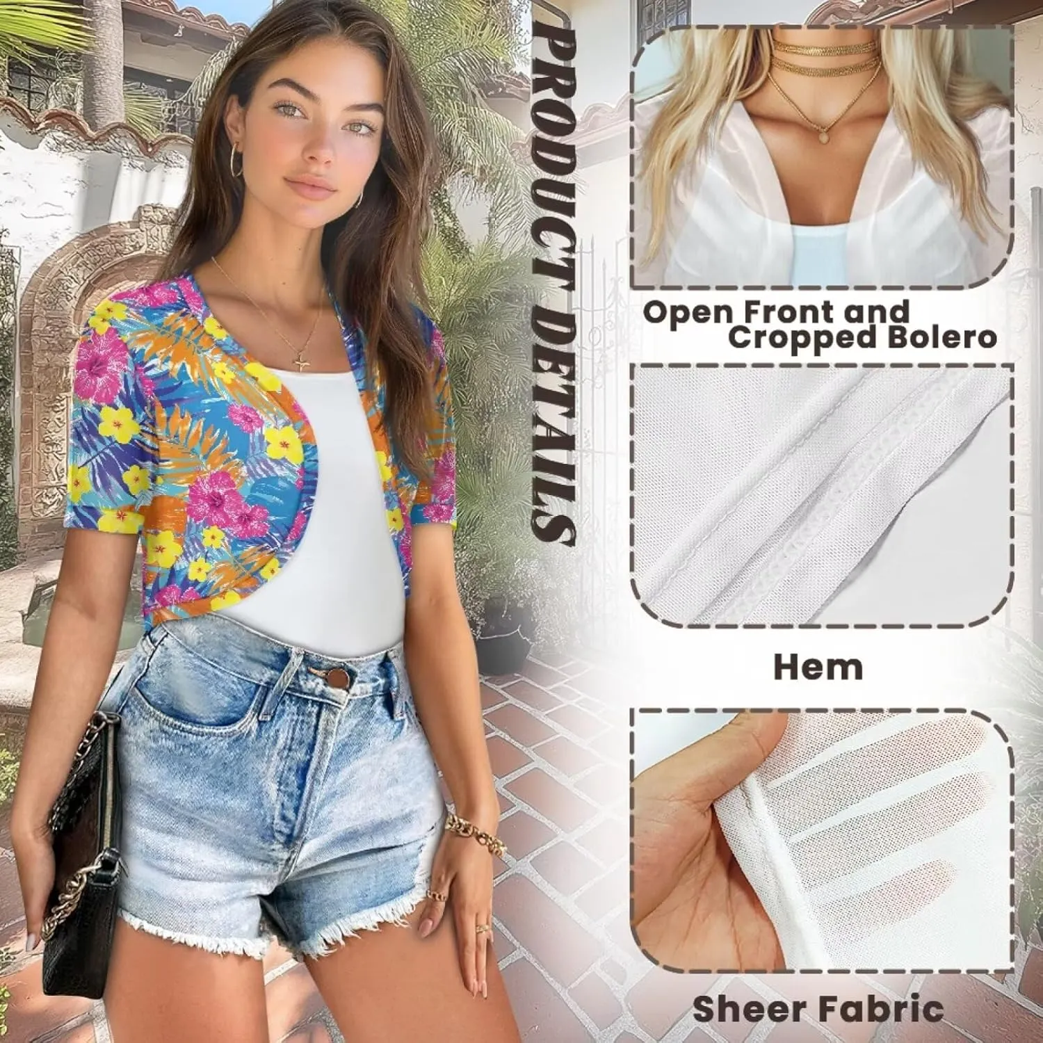 Womens Short Sleeve Cardigans Lightweight Summer Cardigan Trendy Bolero Shrug Cute Floral Cardigan Sheer Bolero