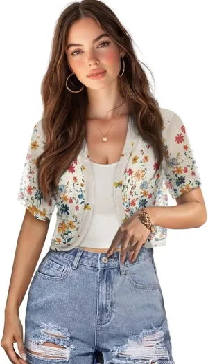 Womens Short Sleeve Cardigans Lightweight Summer Cardigan Trendy Bolero Shrug Cute Floral Cardigan Sheer Bolero
