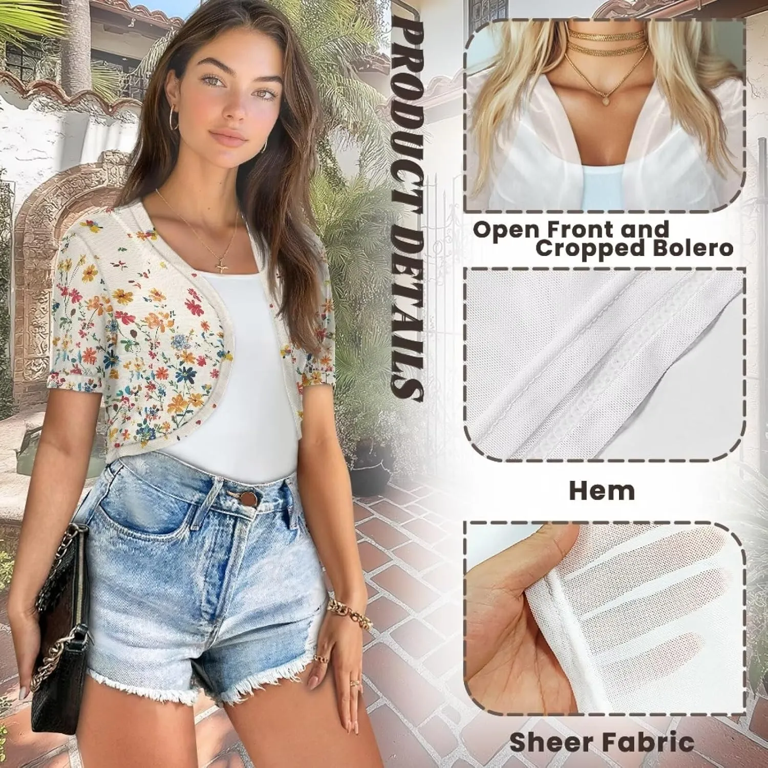 Womens Short Sleeve Cardigans Lightweight Summer Cardigan Trendy Bolero Shrug Cute Floral Cardigan Sheer Bolero