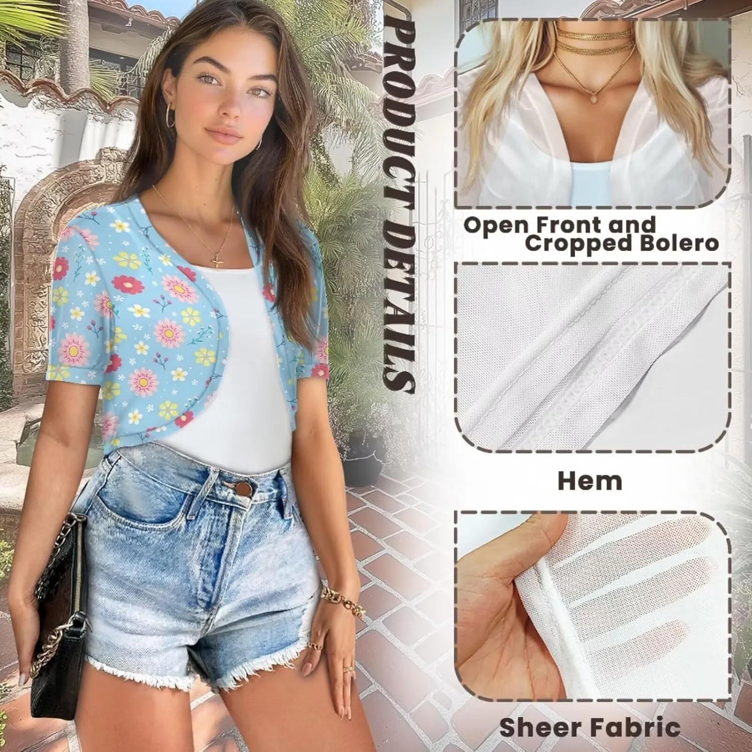 Womens Short Sleeve Cardigans Lightweight Summer Cardigan Trendy Bolero Shrug Cute Floral Cardigan Sheer Bolero