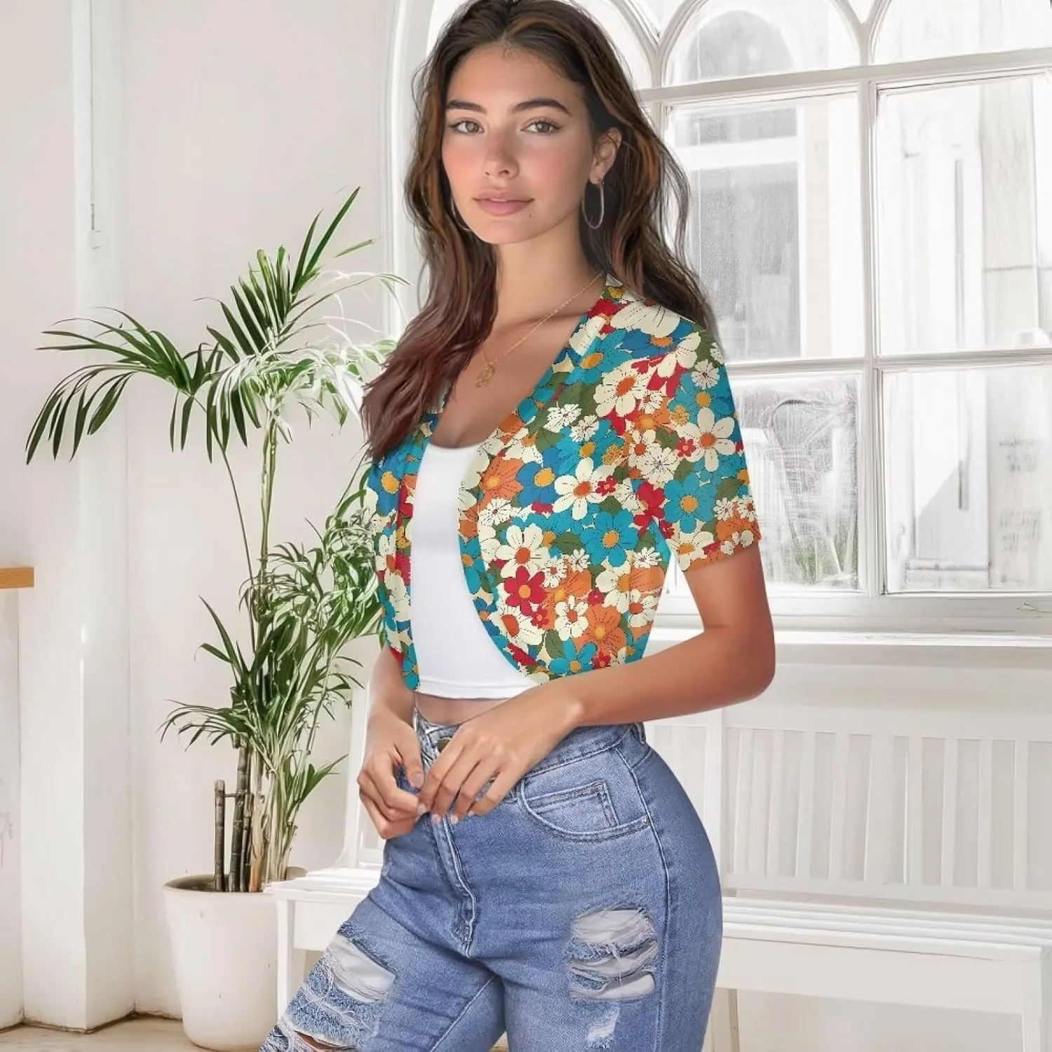 Womens Short Sleeve Cardigans Lightweight Summer Cardigan Trendy Bolero Shrug Cute Floral Cardigan Sheer Bolero