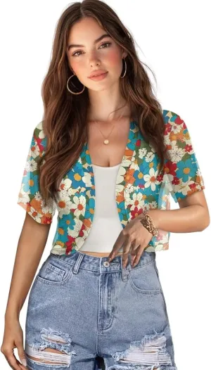 Womens Short Sleeve Cardigans Lightweight Summer Cardigan Trendy Bolero Shrug Cute Floral Cardigan Sheer Bolero
