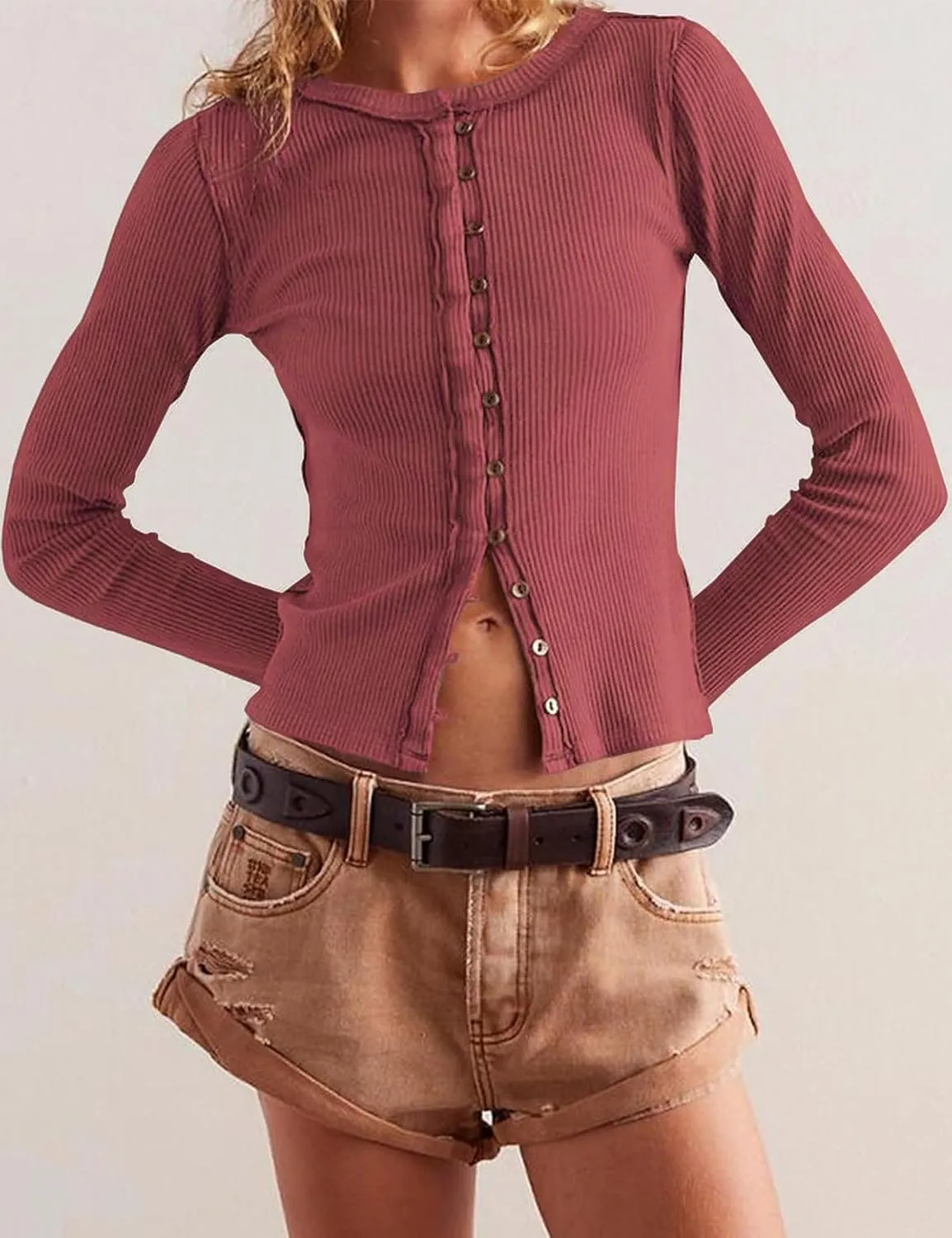 Womens Slim Fitted Cardigan Long Sleeve Y2K Ribbed Tops Button Down Shirts