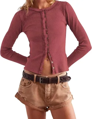 Womens Slim Fitted Cardigan Long Sleeve Y2K Ribbed Tops Button Down Shirts
