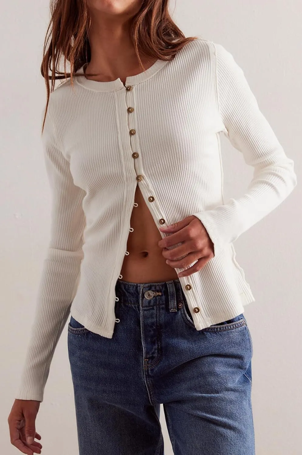 Womens Slim Fitted Cardigan Long Sleeve Y2K Ribbed Tops Button Down Shirts