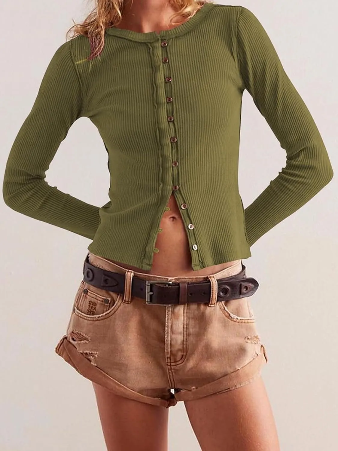 Womens Slim Fitted Cardigan Long Sleeve Y2K Ribbed Tops Button Down Shirts