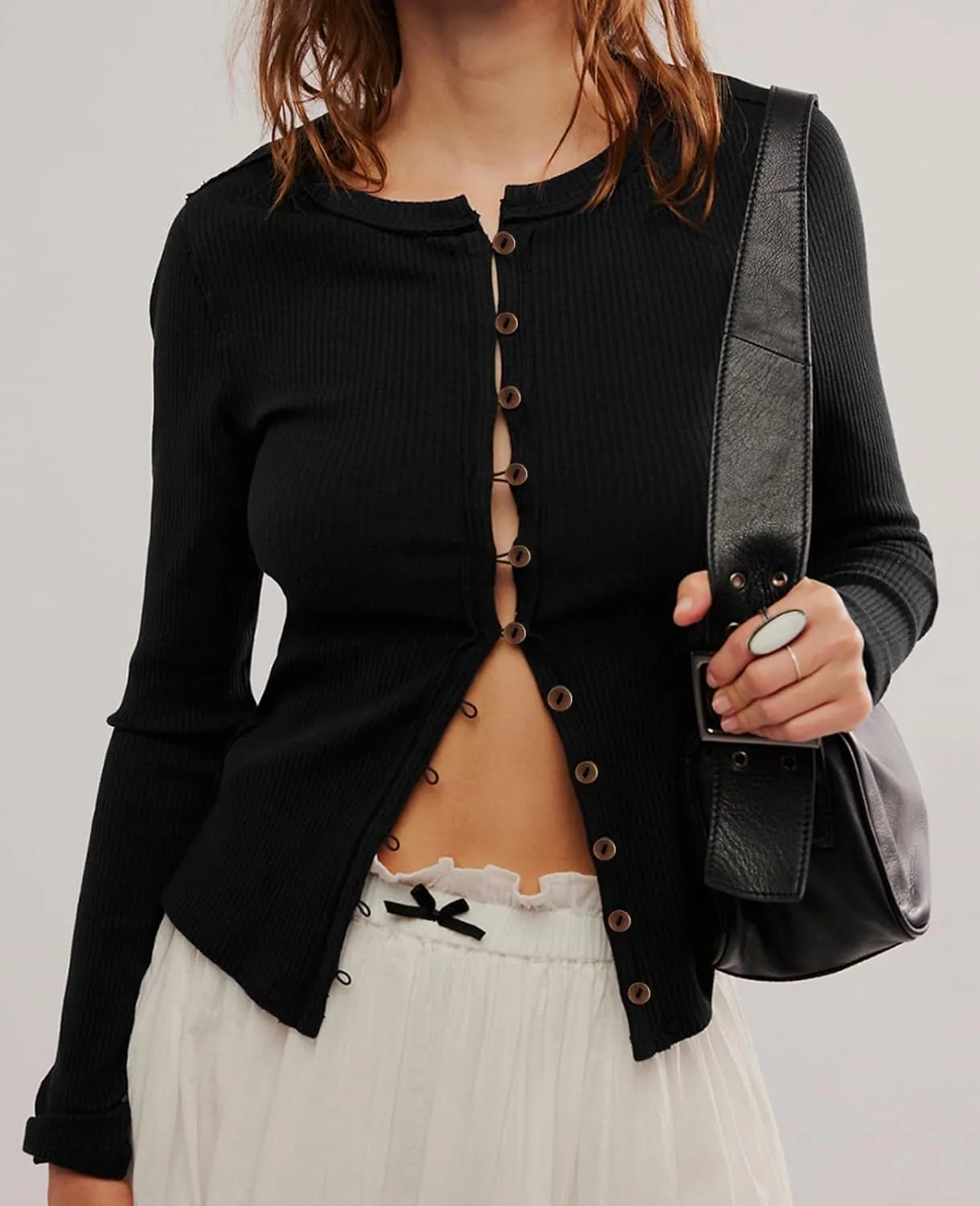Womens Slim Fitted Cardigan Long Sleeve Y2K Ribbed Tops Button Down Shirts