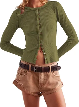 Womens Slim Fitted Cardigan Long Sleeve Y2K Ribbed Tops Button Down Shirts