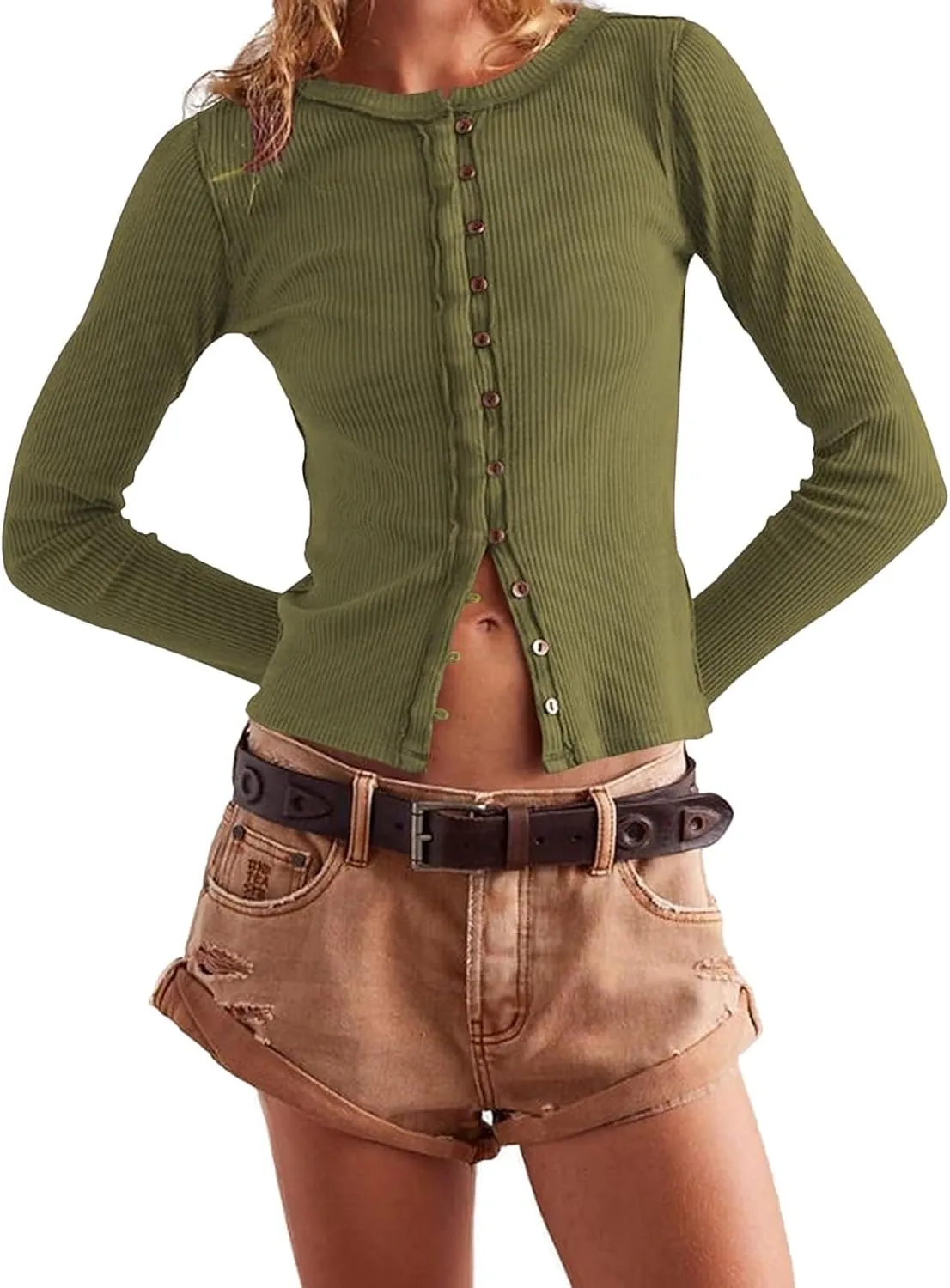 Womens Slim Fitted Cardigan Long Sleeve Y2K Ribbed Tops Button Down Shirts