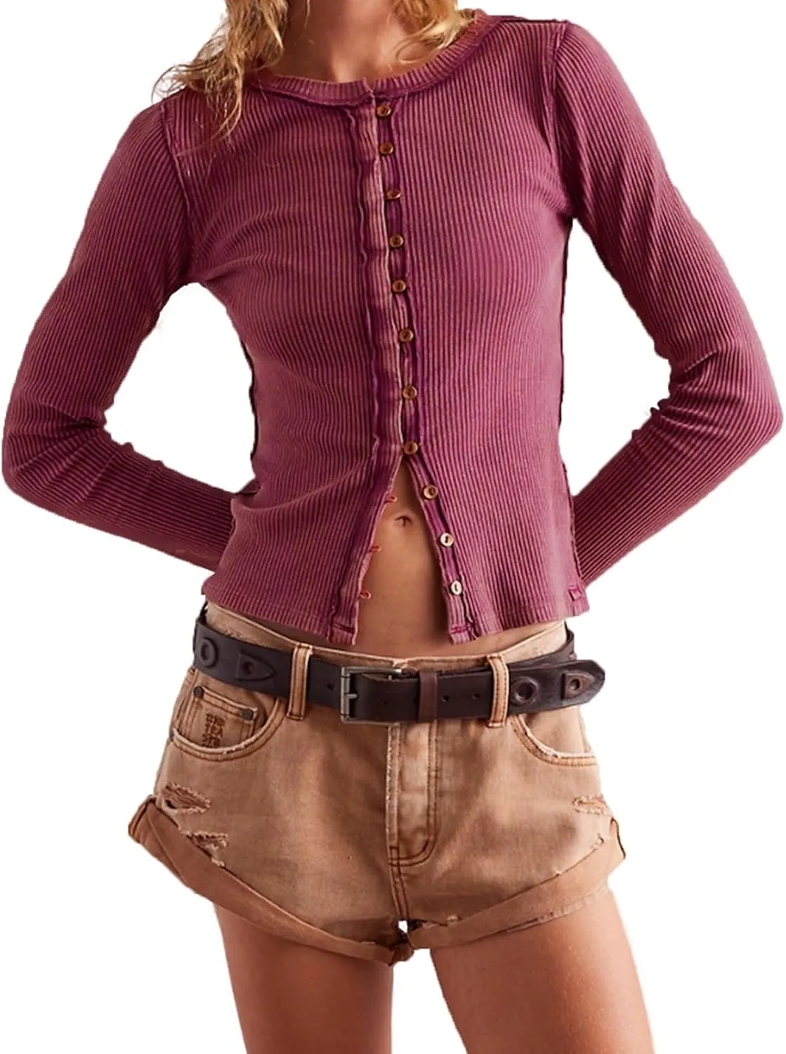Womens Slim Fitted Cardigan Long Sleeve Y2K Ribbed Tops Button Down Shirts