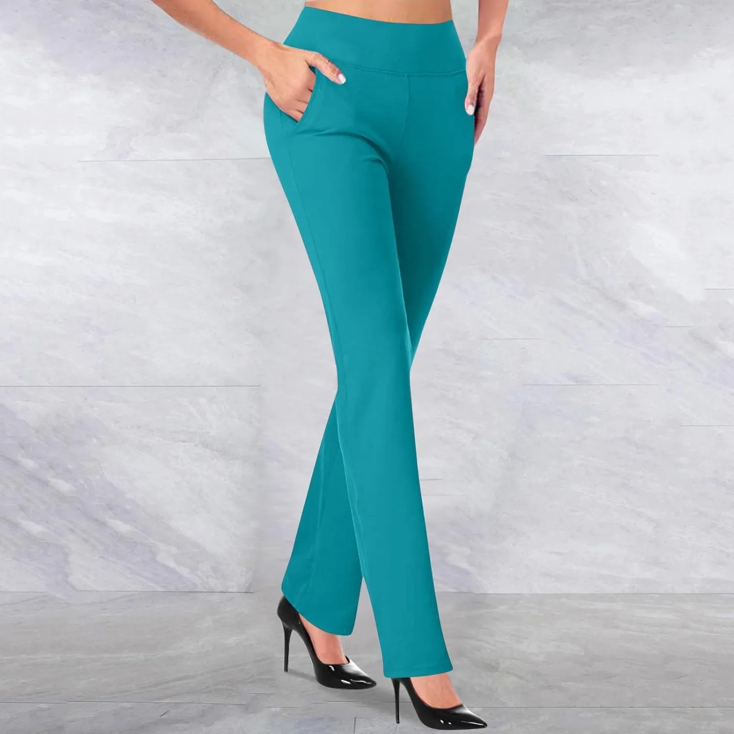 Womens Stretchy Straight Dressy Pants Trendy Solid Slim Work Office Business Trousers Elastic Flared Casual Yoga Pant