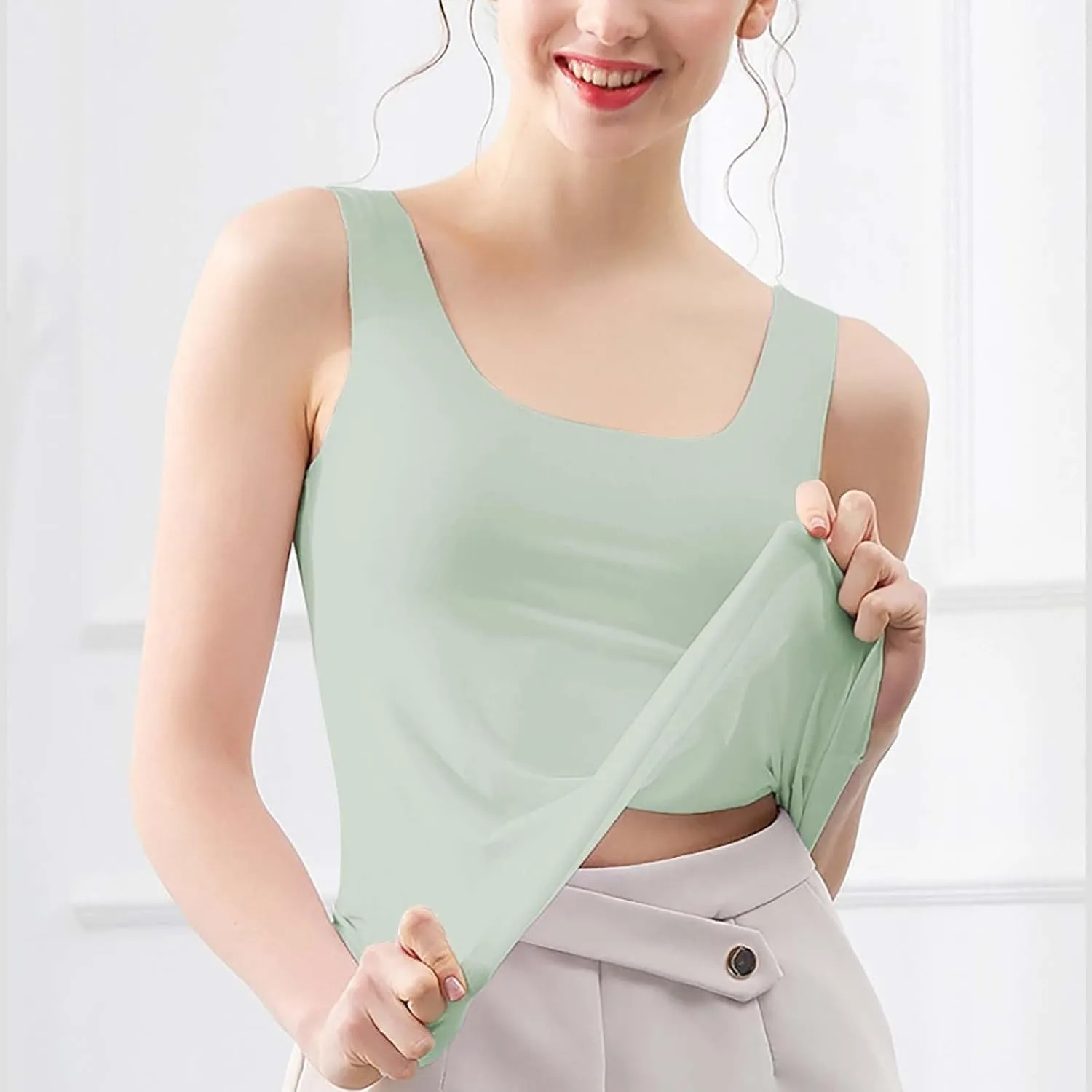 Womens Tank Tops 2Pc Round Neck Casual fit Camisole Seamless Stretch Undershirt Sleeveless Shirts