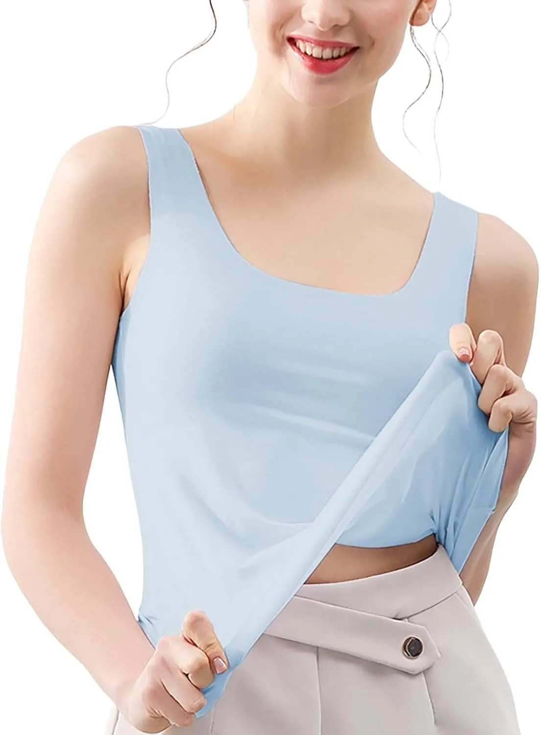 Womens Tank Tops 2Pc Round Neck Casual fit Camisole Seamless Stretch Undershirt Sleeveless Shirts