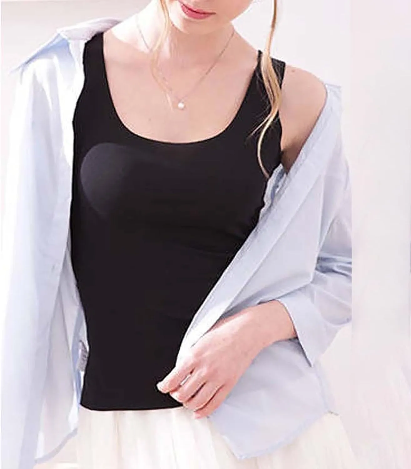 Womens Tank Tops 2Pc Round Neck Casual fit Camisole Seamless Stretch Undershirt Sleeveless Shirts