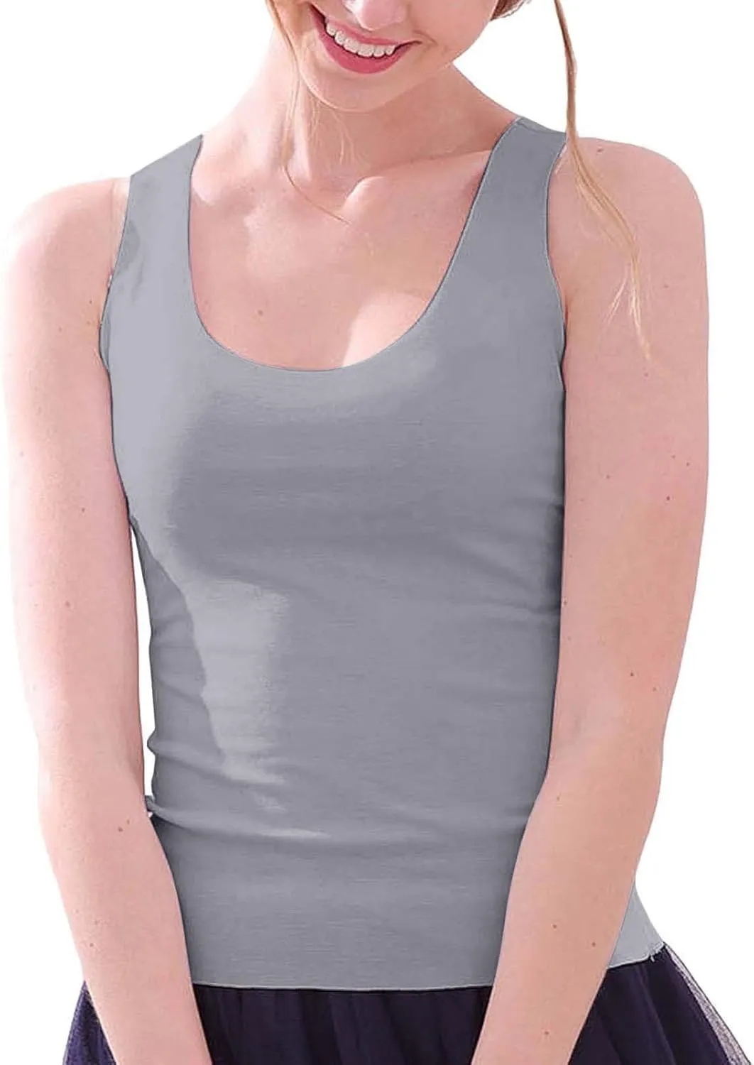 Womens Tank Tops 2Pc Round Neck Casual fit Camisole Seamless Stretch Undershirt Sleeveless Shirts