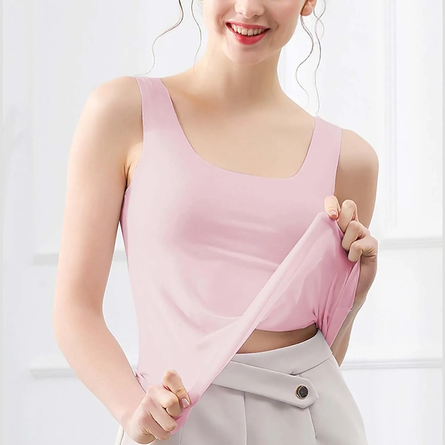 Womens Tank Tops 2Pc Round Neck Casual fit Camisole Seamless Stretch Undershirt Sleeveless Shirts