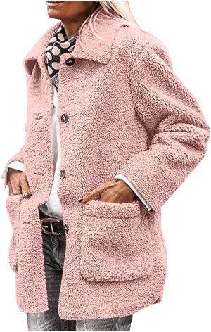 Womens Winter Coats Lapel Button Down Sherpa Jacket Long Sleeve Faux Fur Coats Fleece Jacket Outerwear with Pockets