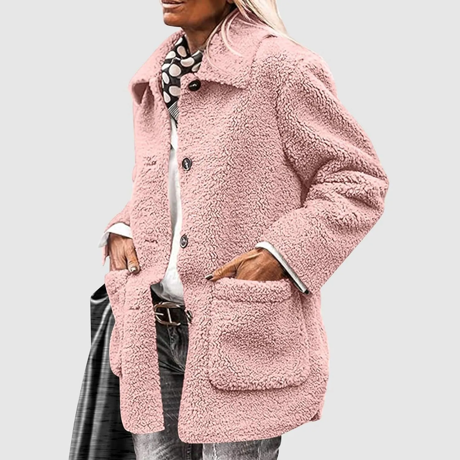 Womens Winter Coats Lapel Button Down Sherpa Jacket Long Sleeve Faux Fur Coats Fleece Jacket Outerwear with Pockets