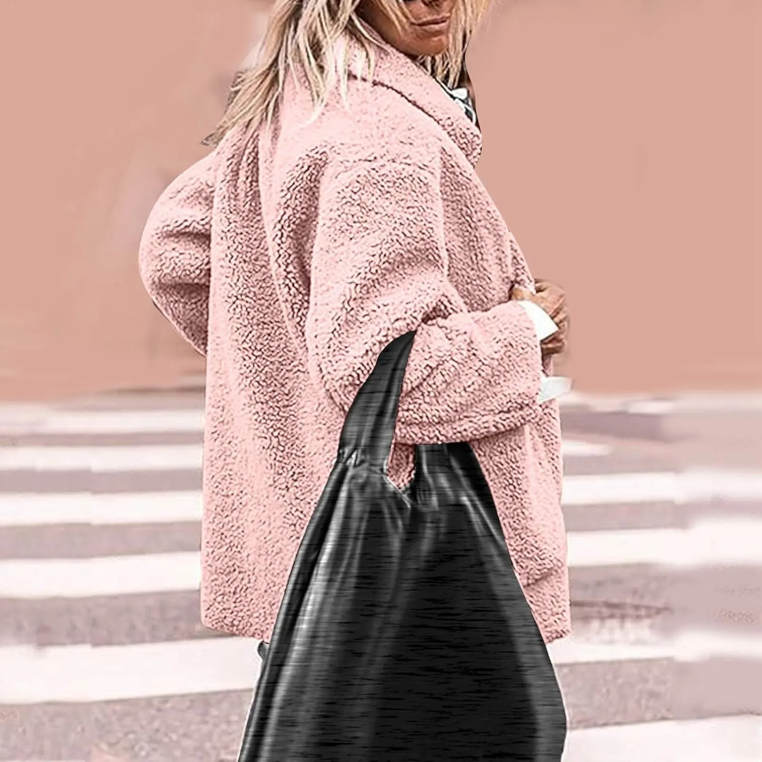 Womens Winter Coats Lapel Button Down Sherpa Jacket Long Sleeve Faux Fur Coats Fleece Jacket Outerwear with Pockets
