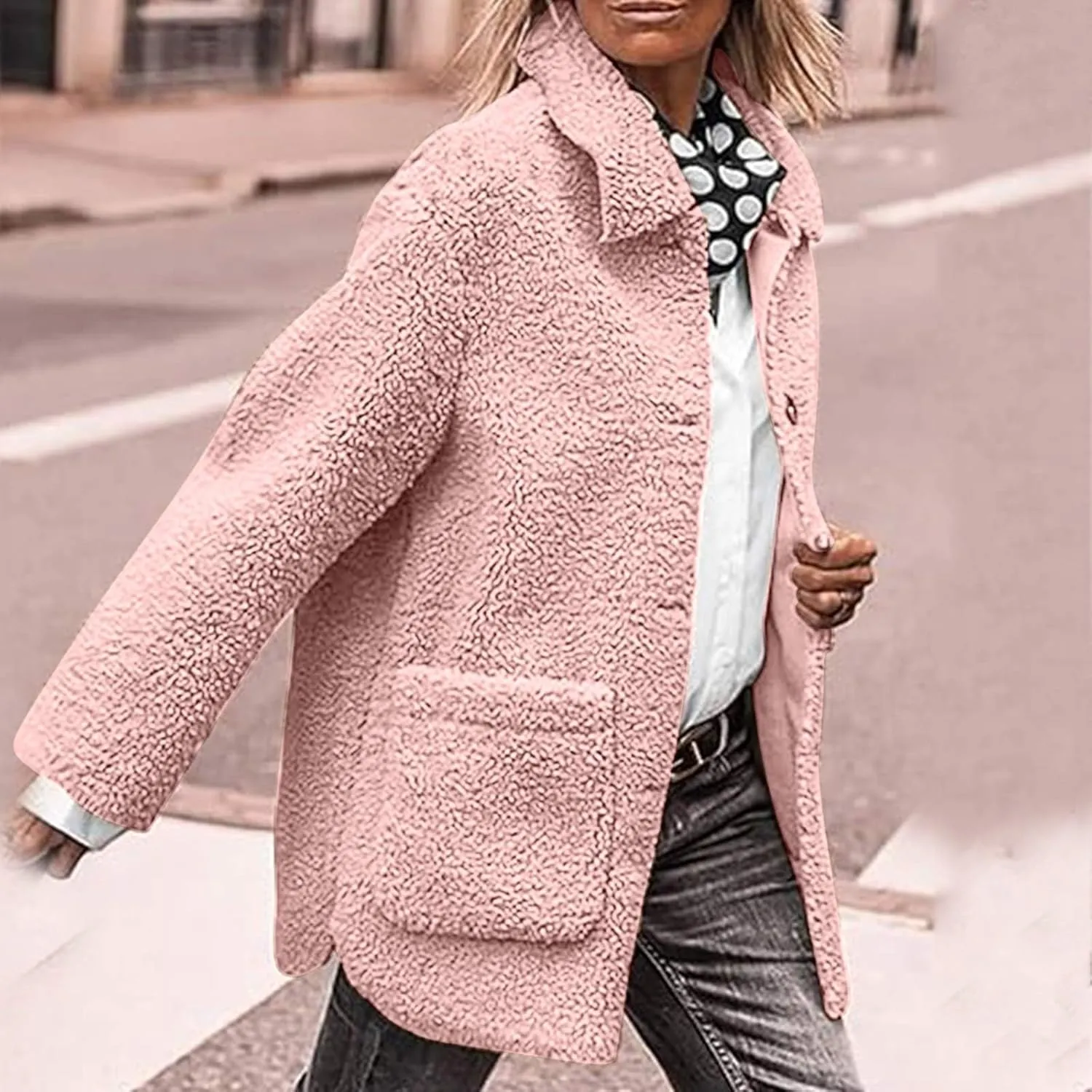 Womens Winter Coats Lapel Button Down Sherpa Jacket Long Sleeve Faux Fur Coats Fleece Jacket Outerwear with Pockets