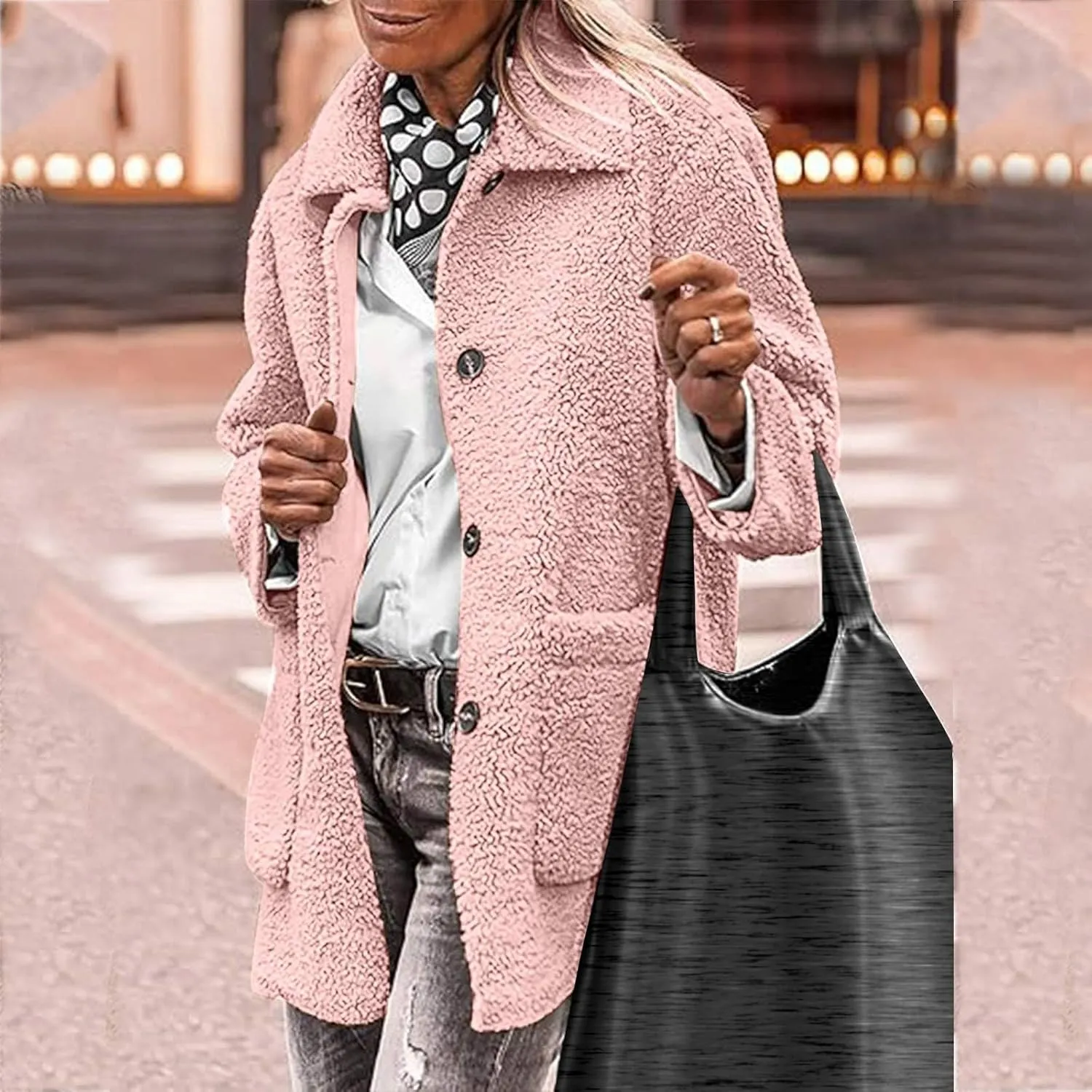 Womens Winter Coats Lapel Button Down Sherpa Jacket Long Sleeve Faux Fur Coats Fleece Jacket Outerwear with Pockets