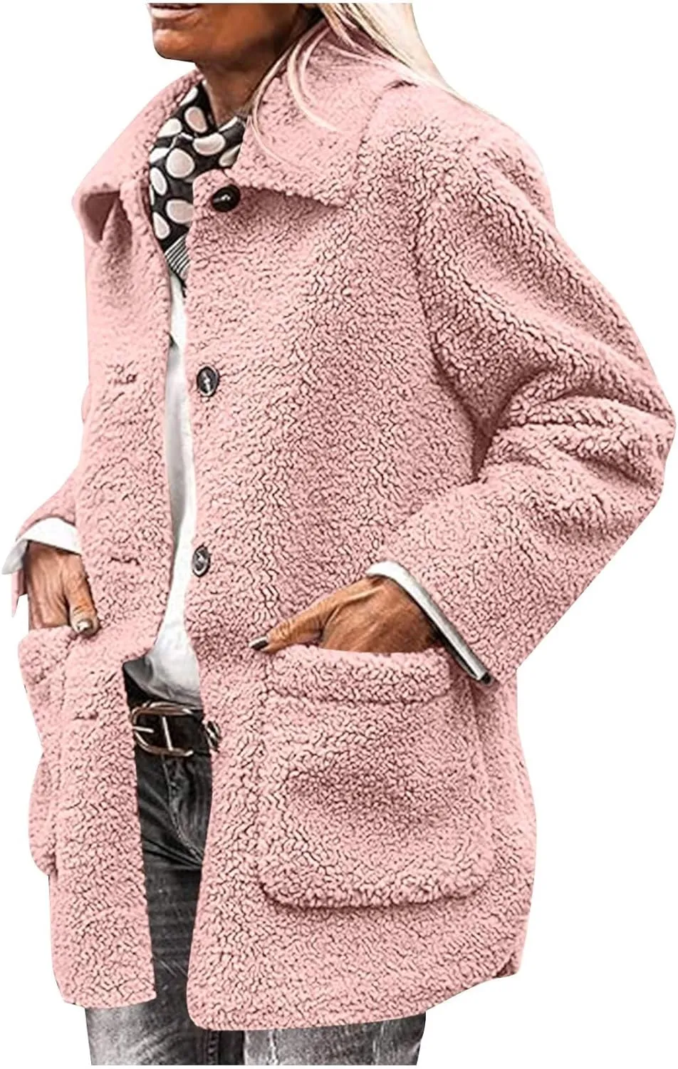 Womens Winter Coats Lapel Button Down Sherpa Jacket Long Sleeve Faux Fur Coats Fleece Jacket Outerwear with Pockets