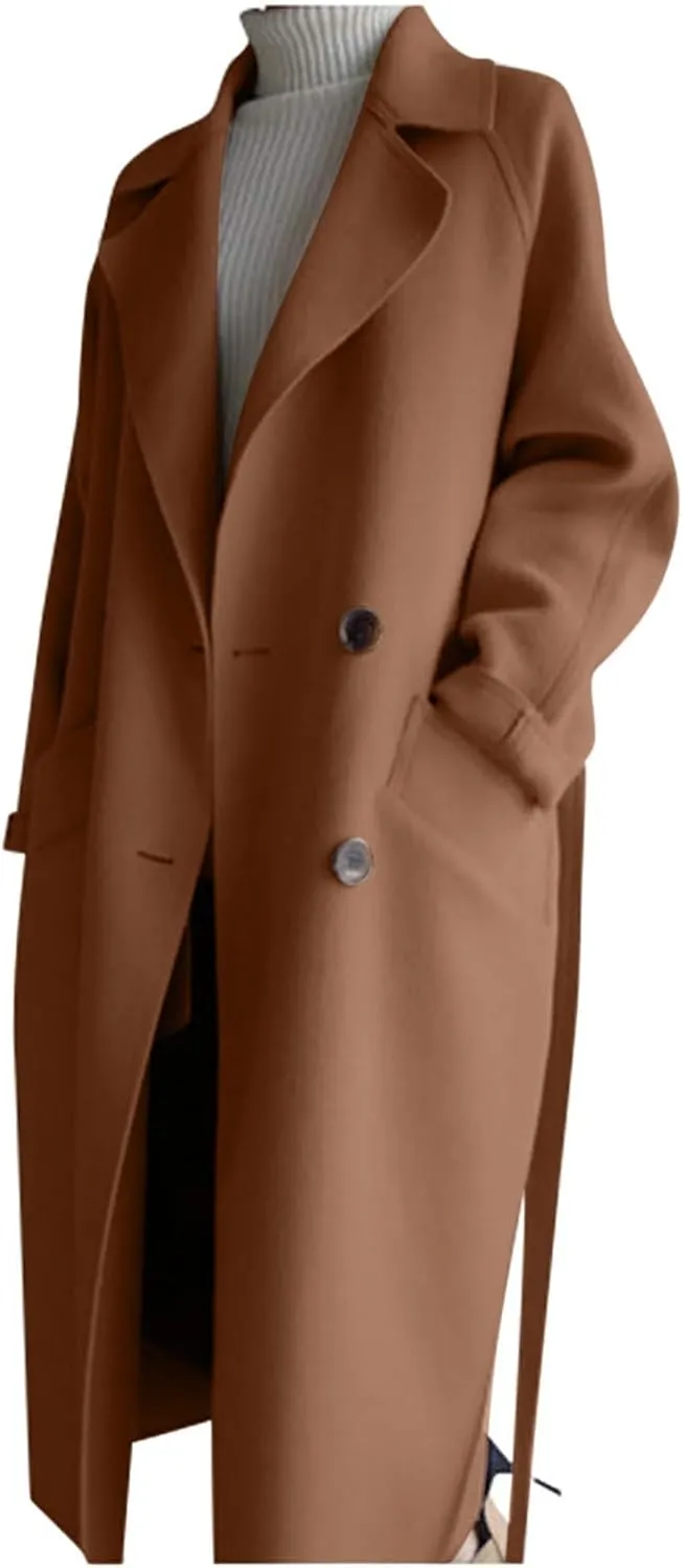 Wool Coats for Women 2024 Trendy Double Breasted Pea Coats Notch Lapel Long Winter Trench Coats with Pockets