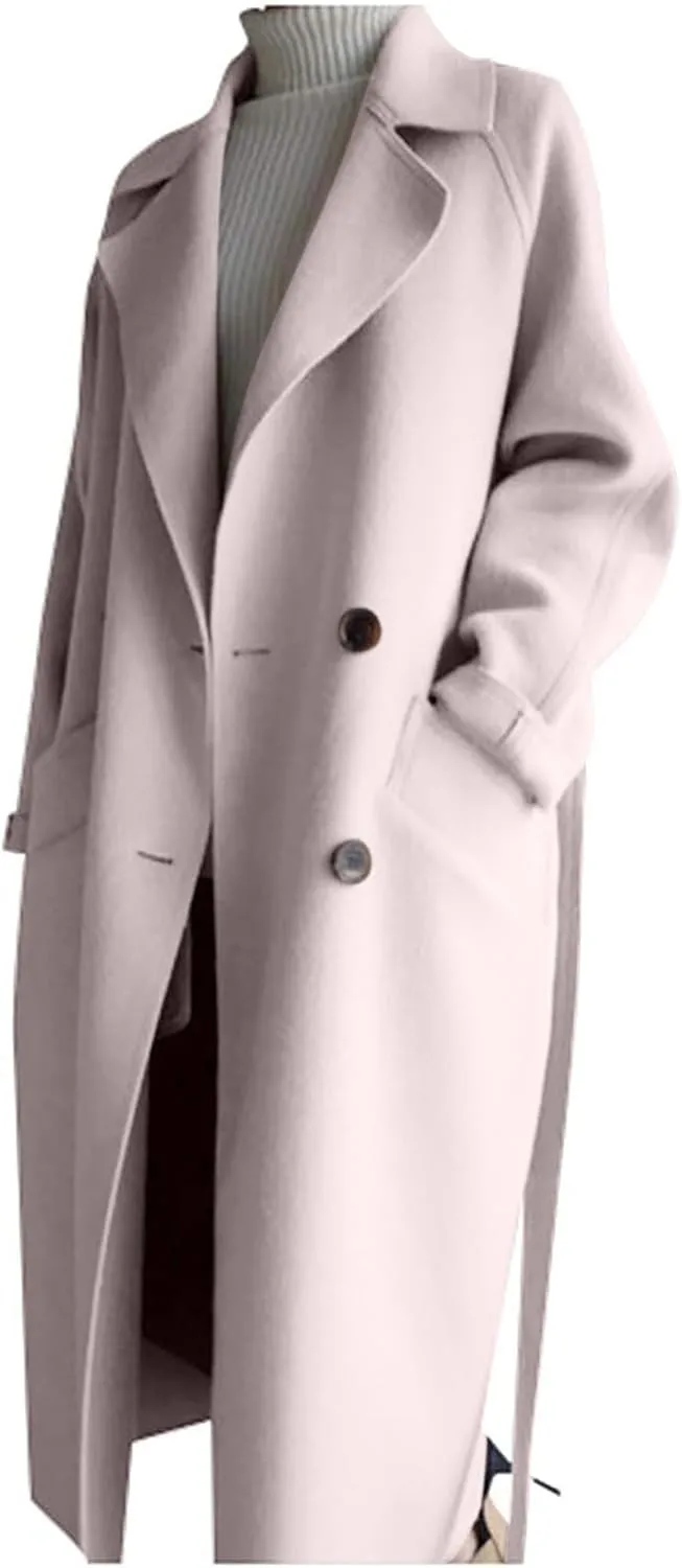 Wool Coats for Women 2024 Trendy Double Breasted Pea Coats Notch Lapel Long Winter Trench Coats with Pockets