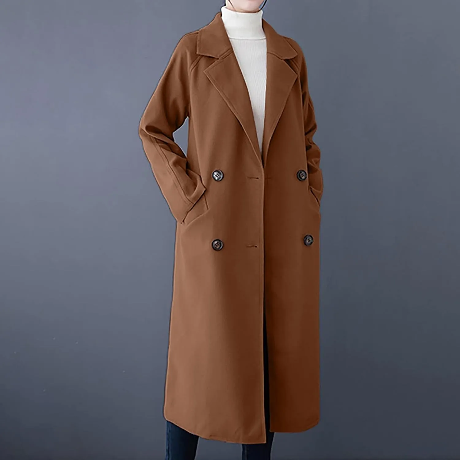 Wool Coats for Women 2024 Trendy Double Breasted Pea Coats Notch Lapel Long Winter Trench Coats with Pockets