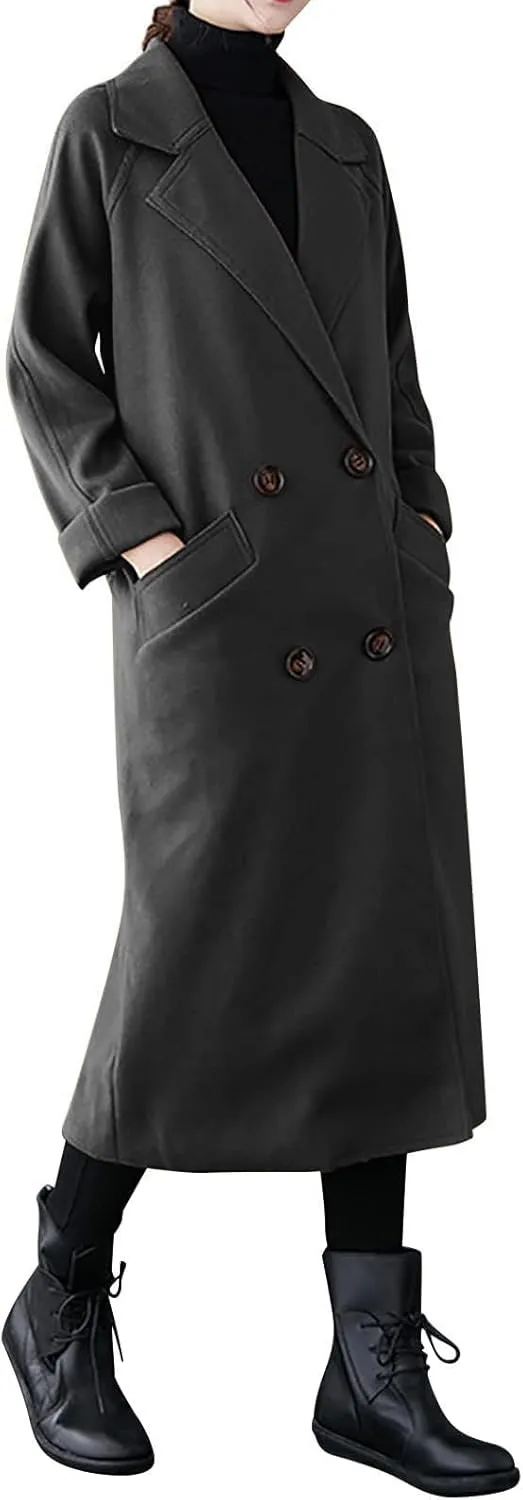 Wool Coats for Women 2024 Trendy Double Breasted Pea Coats Notch Lapel Long Winter Trench Coats with Pockets