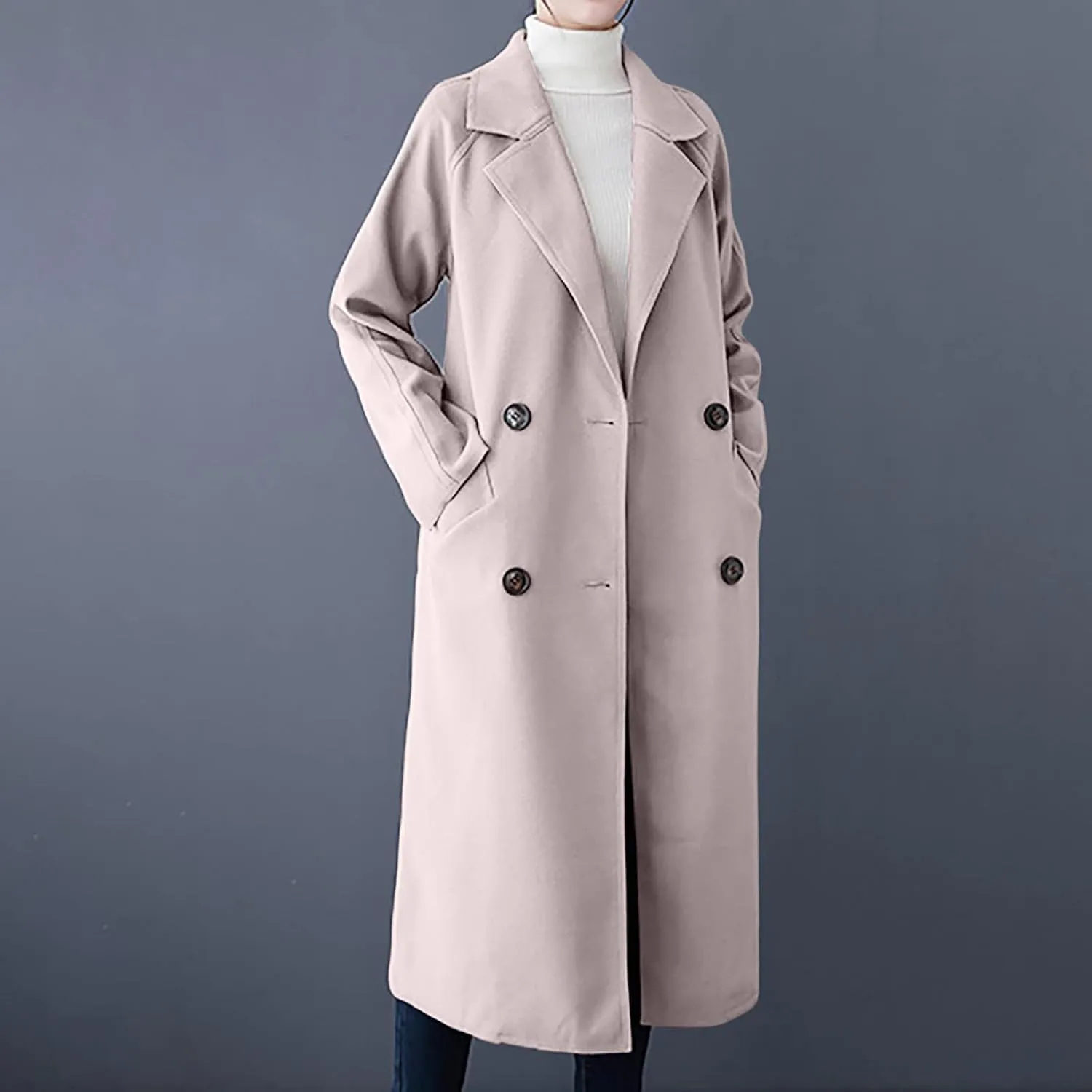 Wool Coats for Women 2024 Trendy Double Breasted Pea Coats Notch Lapel Long Winter Trench Coats with Pockets