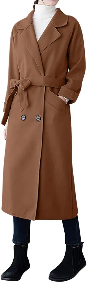 Wool Coats for Women 2024 Trendy Double Breasted Pea Coats Notch Lapel Long Winter Trench Coats with Pockets
