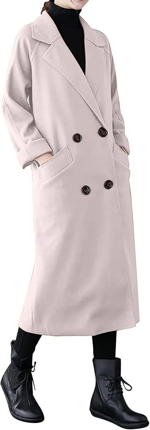 Wool Coats for Women 2024 Trendy Double Breasted Pea Coats Notch Lapel Long Winter Trench Coats with Pockets