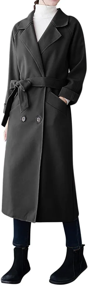 Wool Coats for Women 2024 Trendy Double Breasted Pea Coats Notch Lapel Long Winter Trench Coats with Pockets