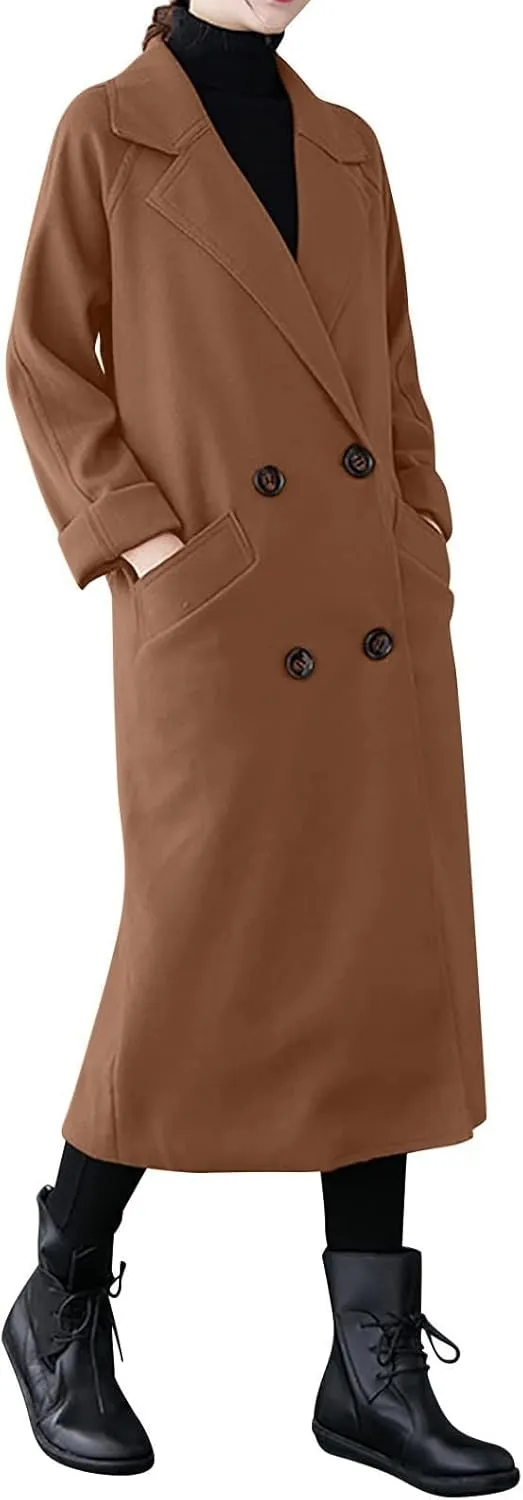 Wool Coats for Women 2024 Trendy Double Breasted Pea Coats Notch Lapel Long Winter Trench Coats with Pockets