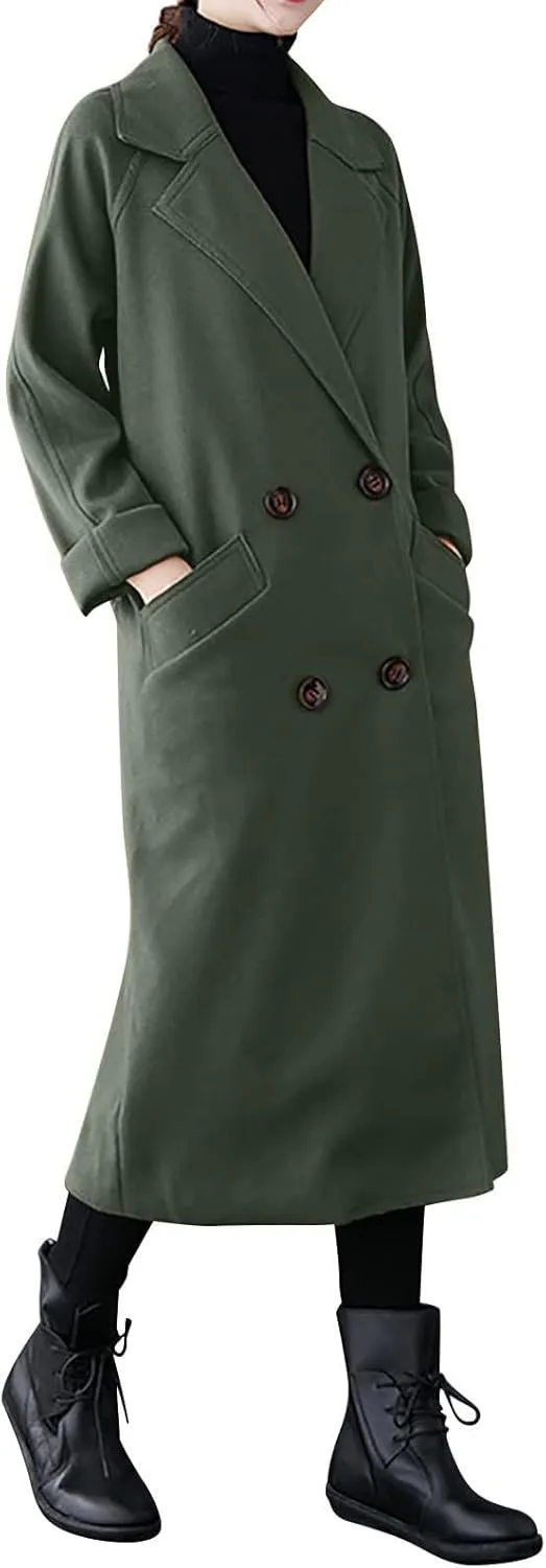 Wool Coats for Women 2024 Trendy Double Breasted Pea Coats Notch Lapel Long Winter Trench Coats with Pockets