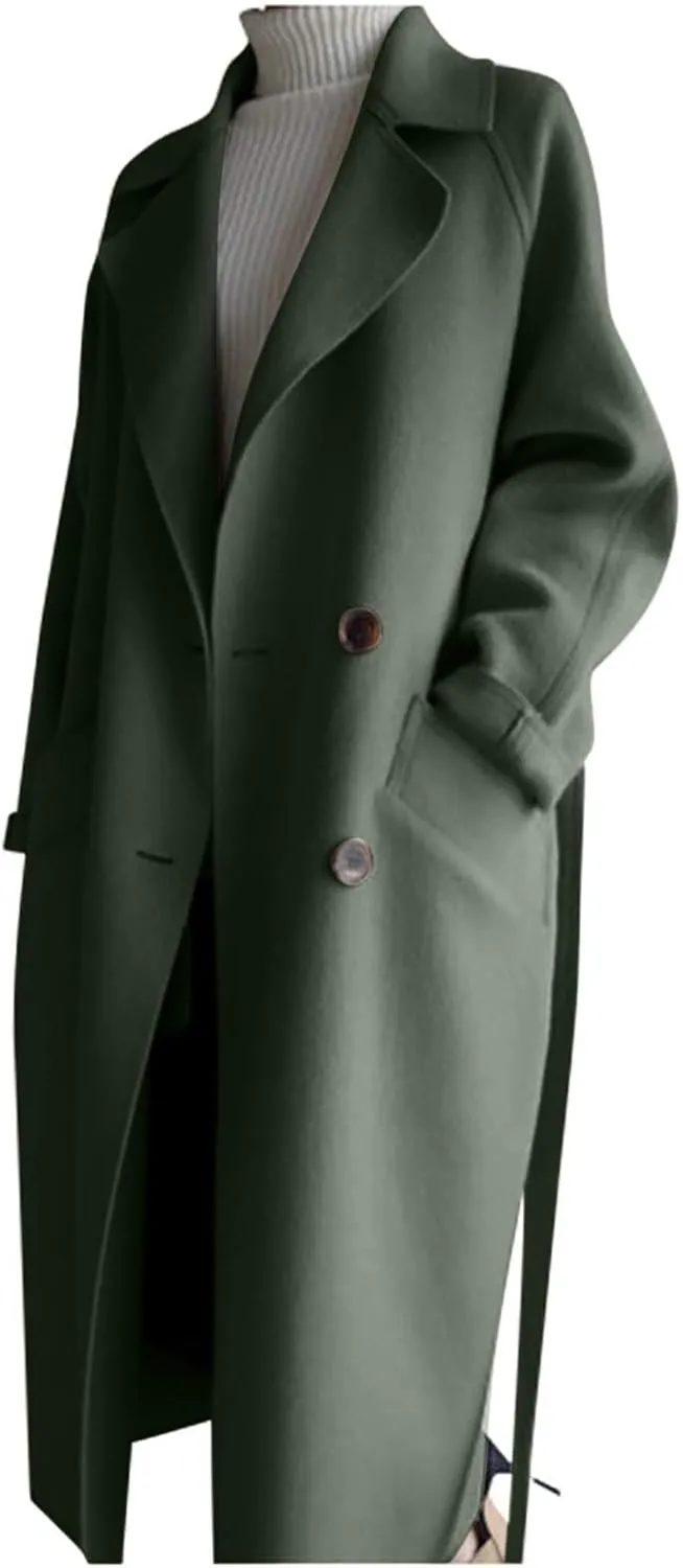 Wool Coats for Women 2024 Trendy Double Breasted Pea Coats Notch Lapel Long Winter Trench Coats with Pockets