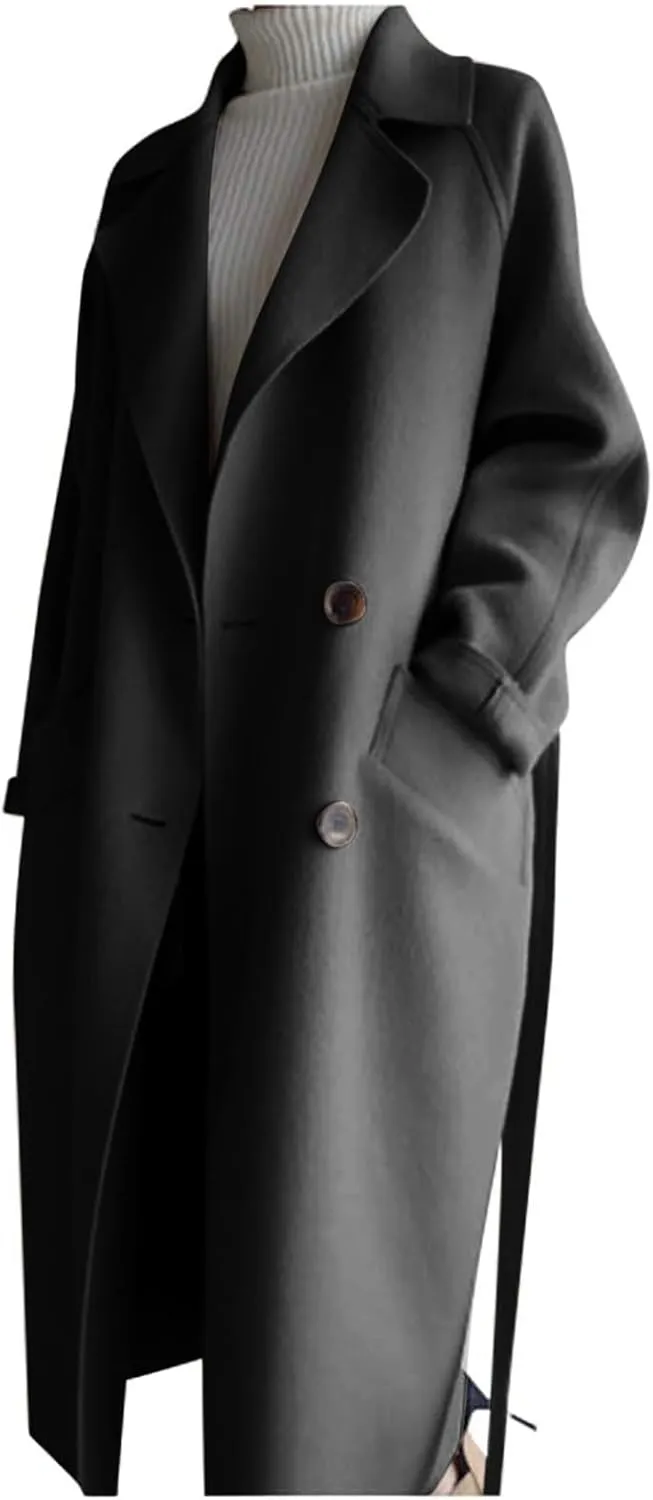 Wool Coats for Women 2024 Trendy Double Breasted Pea Coats Notch Lapel Long Winter Trench Coats with Pockets