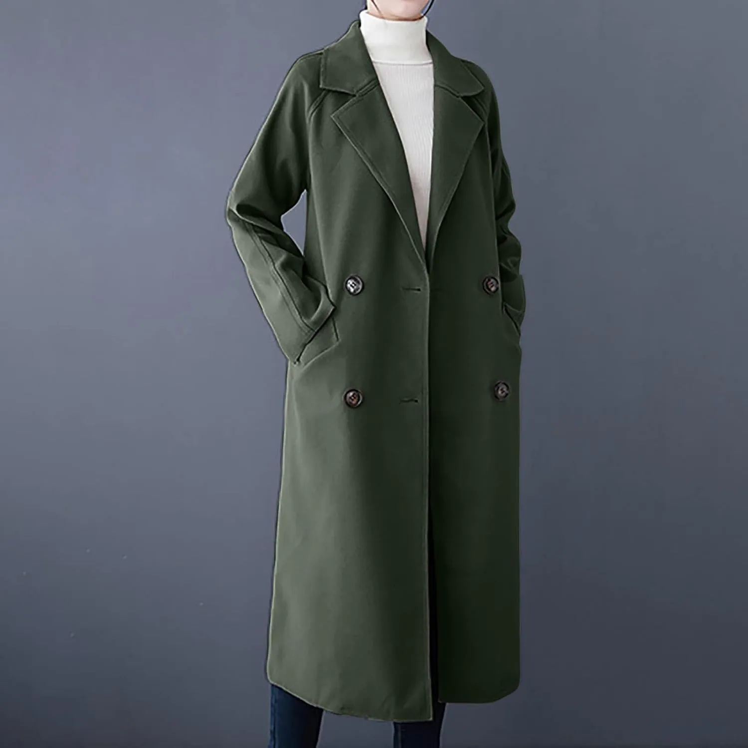 Wool Coats for Women 2024 Trendy Double Breasted Pea Coats Notch Lapel Long Winter Trench Coats with Pockets