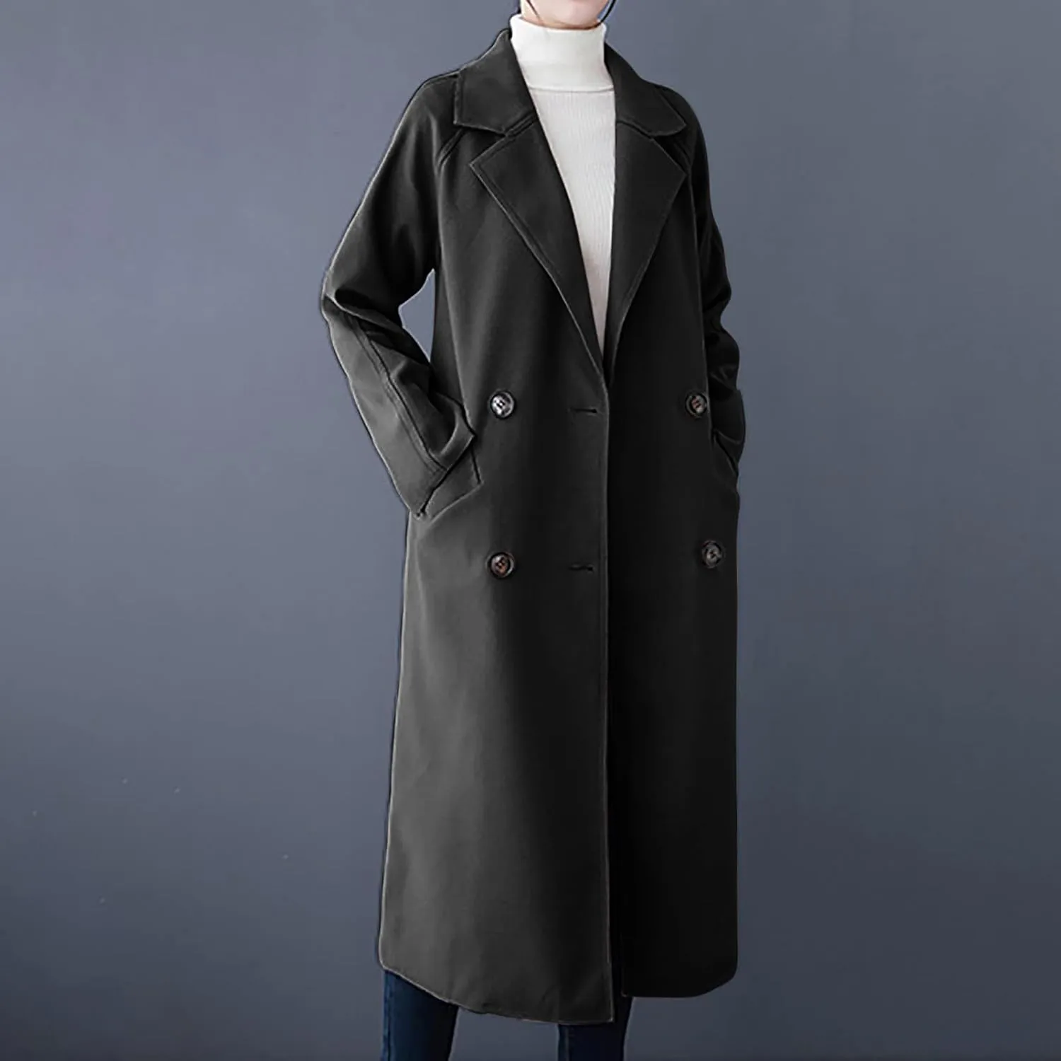 Wool Coats for Women 2024 Trendy Double Breasted Pea Coats Notch Lapel Long Winter Trench Coats with Pockets