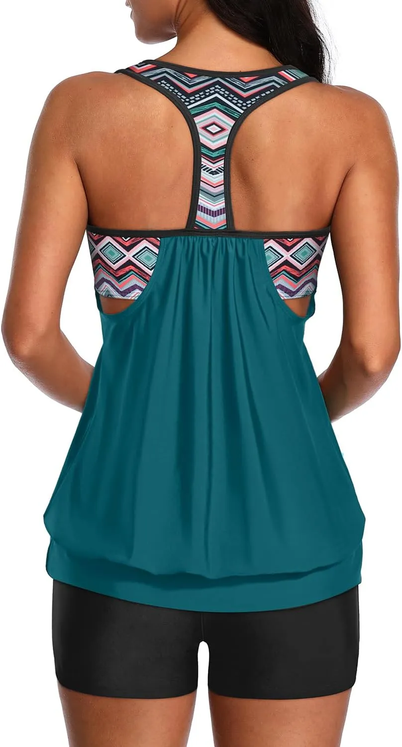 Yonique Two Piece Tankini Bathing Suits T-Back Blouson Swim Tops with Boy Shorts Women Swimsuits Sporty Swimwear