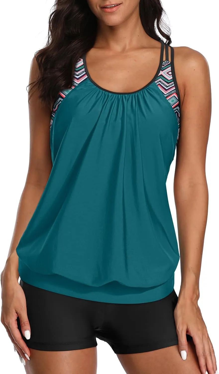 Yonique Two Piece Tankini Bathing Suits T-Back Blouson Swim Tops with Boy Shorts Women Swimsuits Sporty Swimwear