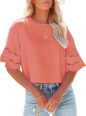 Yuccalley Women's Lace Short Sleeve Crop Tops Summer Casual Round Neck Tees