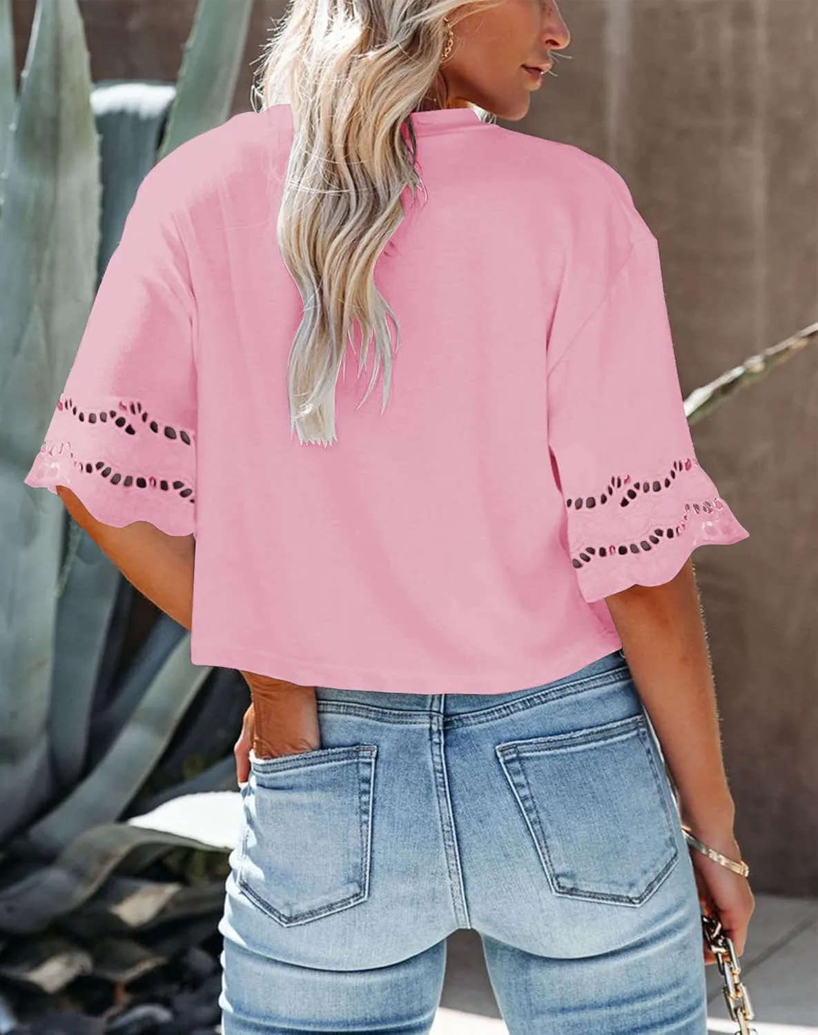 Yuccalley Women's Lace Short Sleeve Crop Tops Summer Casual Round Neck Tees