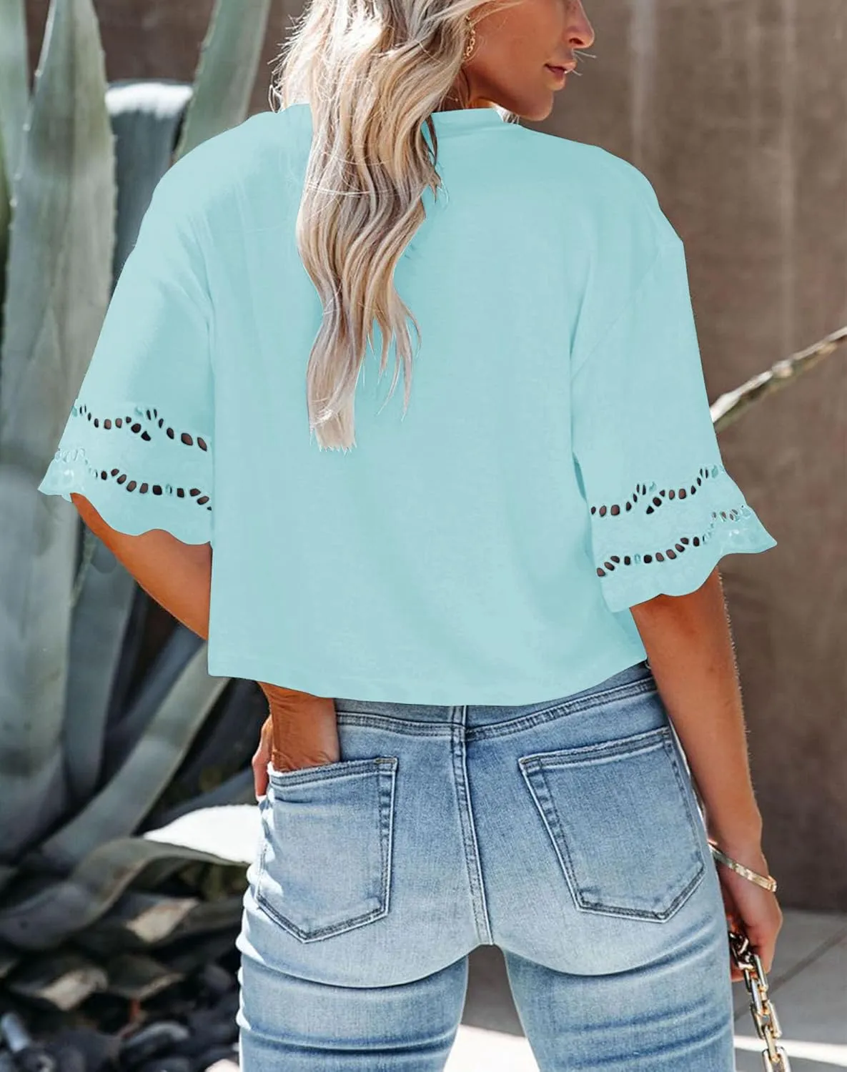 Yuccalley Women's Lace Short Sleeve Crop Tops Summer Casual Round Neck Tees