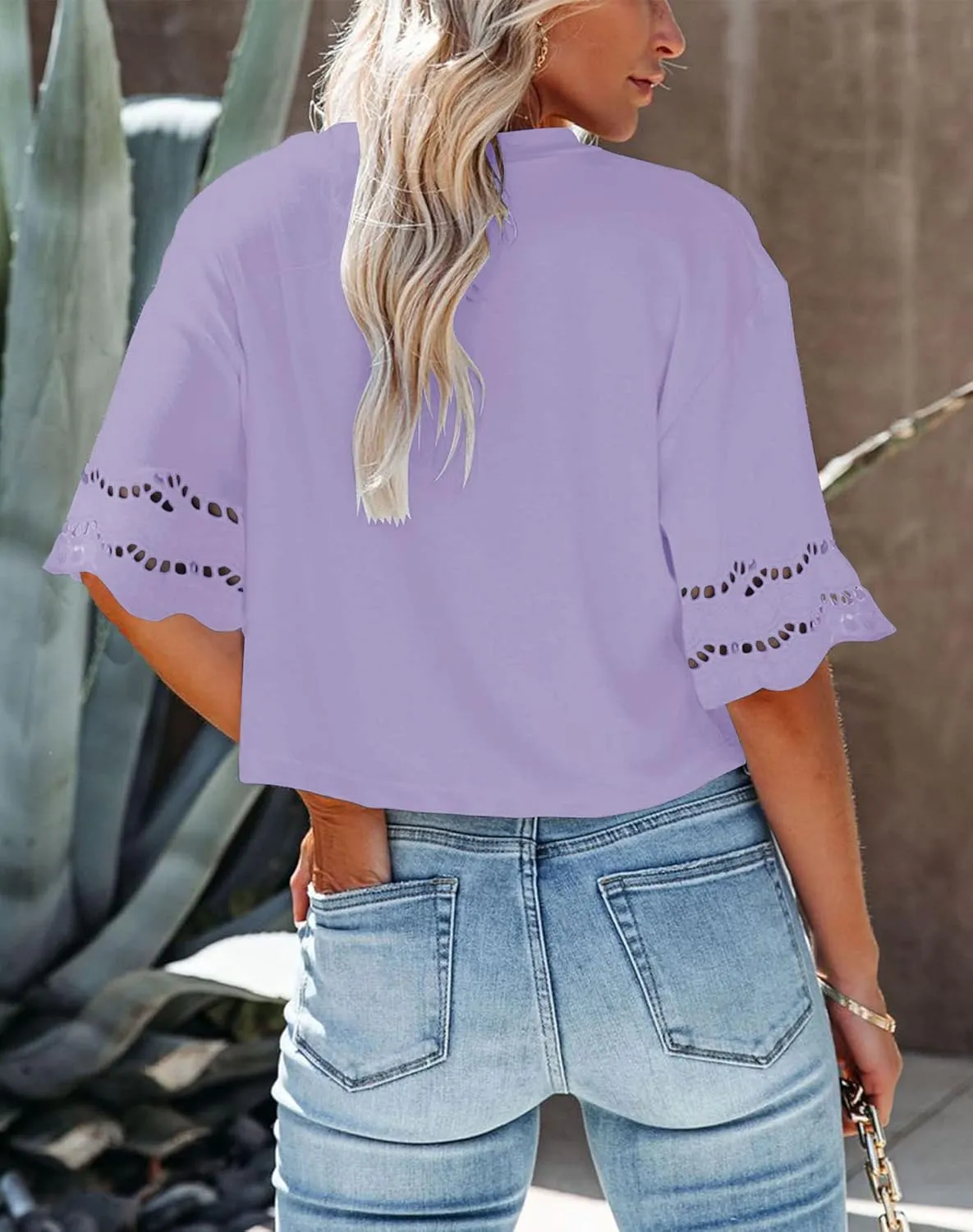 Yuccalley Women's Lace Short Sleeve Crop Tops Summer Casual Round Neck Tees