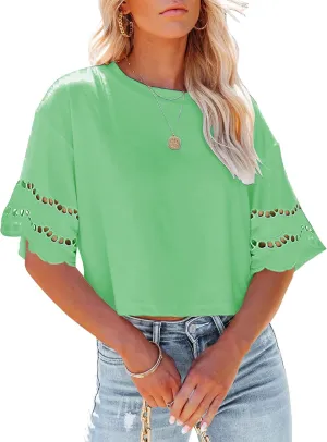 Yuccalley Women's Lace Short Sleeve Crop Tops Summer Casual Round Neck Tees