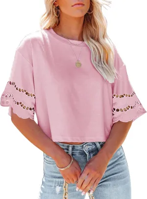 Yuccalley Women's Lace Short Sleeve Crop Tops Summer Casual Round Neck Tees