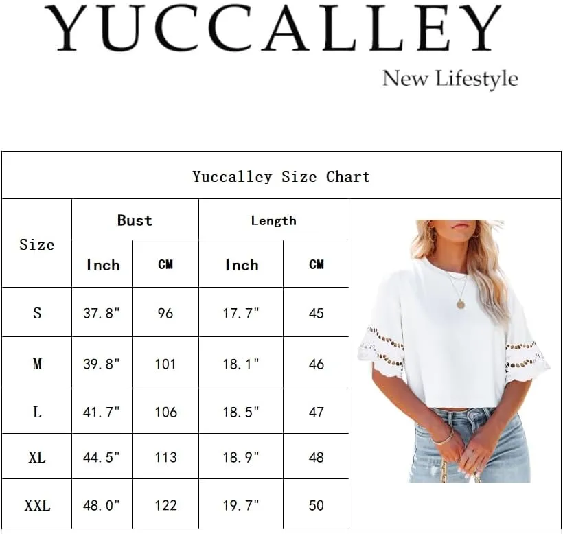 Yuccalley Women's Lace Short Sleeve Crop Tops Summer Casual Round Neck Tees